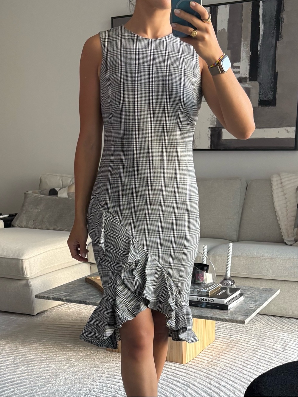 Calvin Klein Gray Plaid Sleeveless Ruffle-Hem Midi Dress